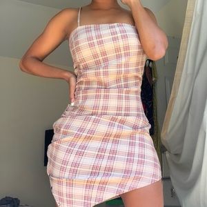 Nude Button Down Dress with Red Plaid Design